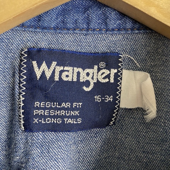 VTG Wrangler Shirt Mens 16 34 Brushpopper Western Yoke Pearl Snap Denim Made USA - Picture 3 of 4